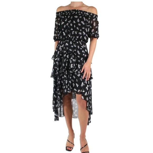 Maje Floral Off Shoulder Hi Low Black White Asymmetrical Midi Dress US M l FR 38 - Picture 1 of 14